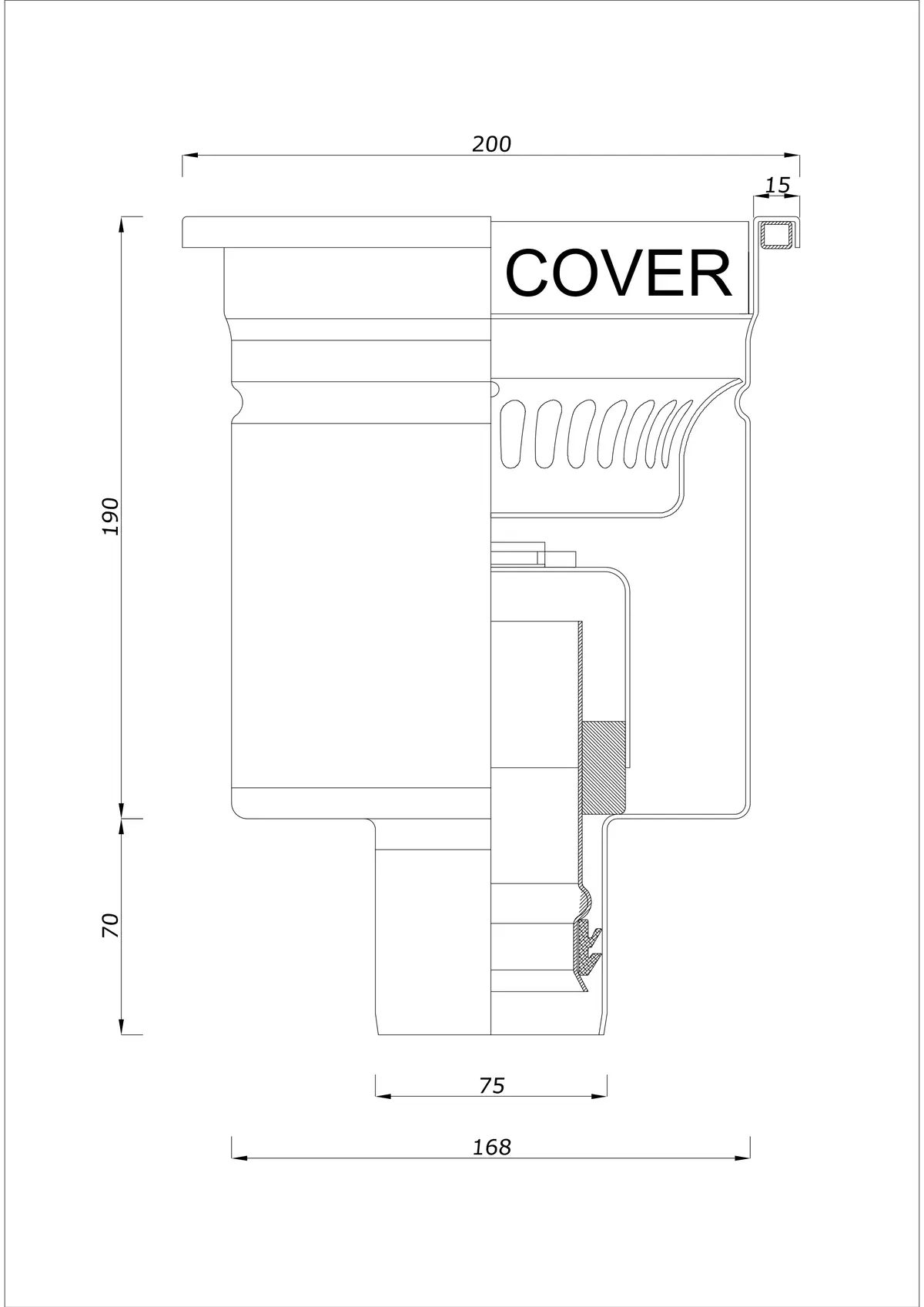 Golvbrunn BK_KRD 200x200 DN 75 - Enkel vertikal avlopp