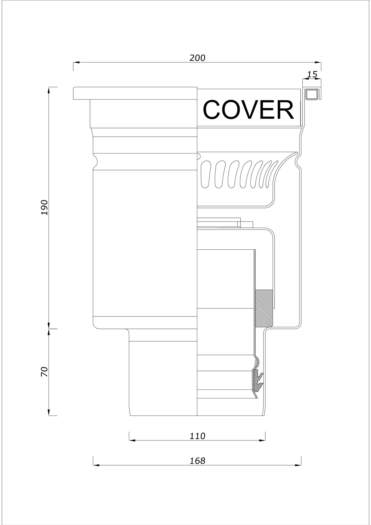 Golvbrunn BK_KRD 200x200 DN 110 - Enkel del vertikal