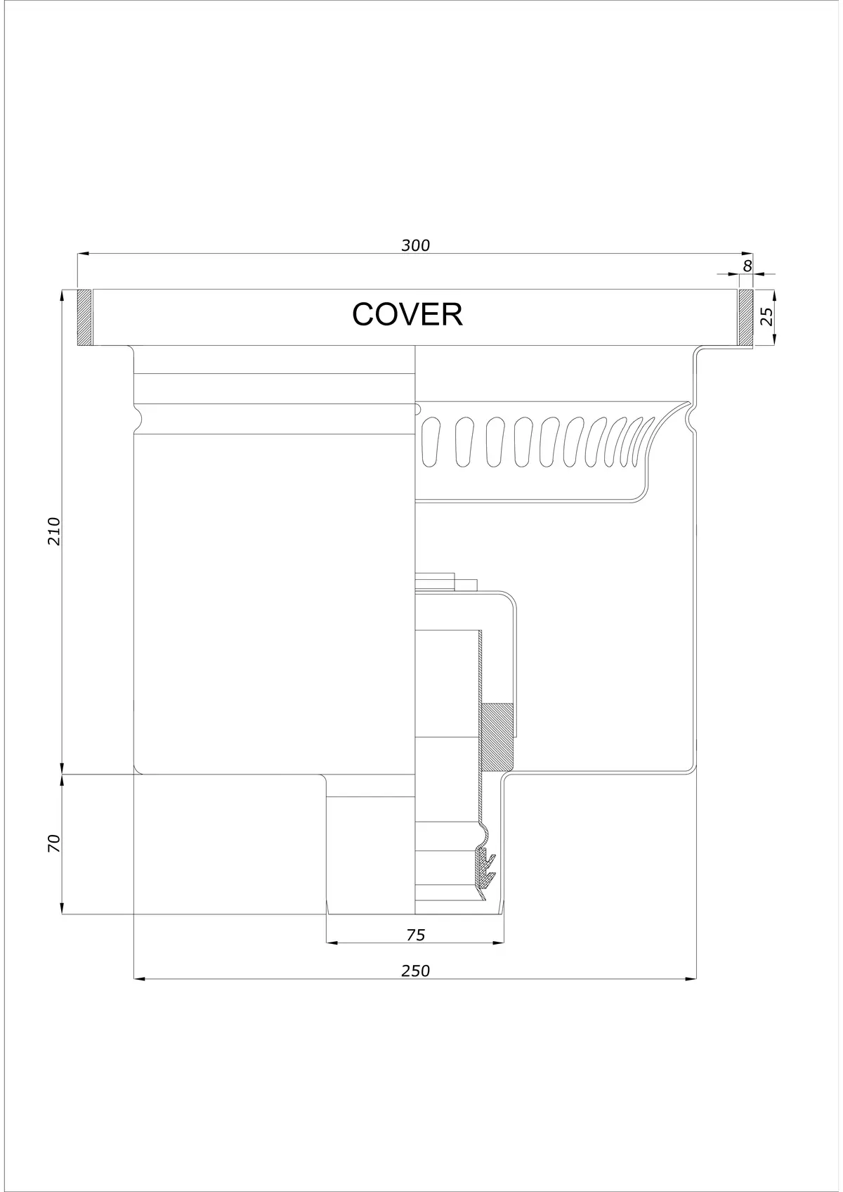 Golvbrunn BK_KROD 300 DN 75 med kant 25x8mm - Enkel vertikal avlopp