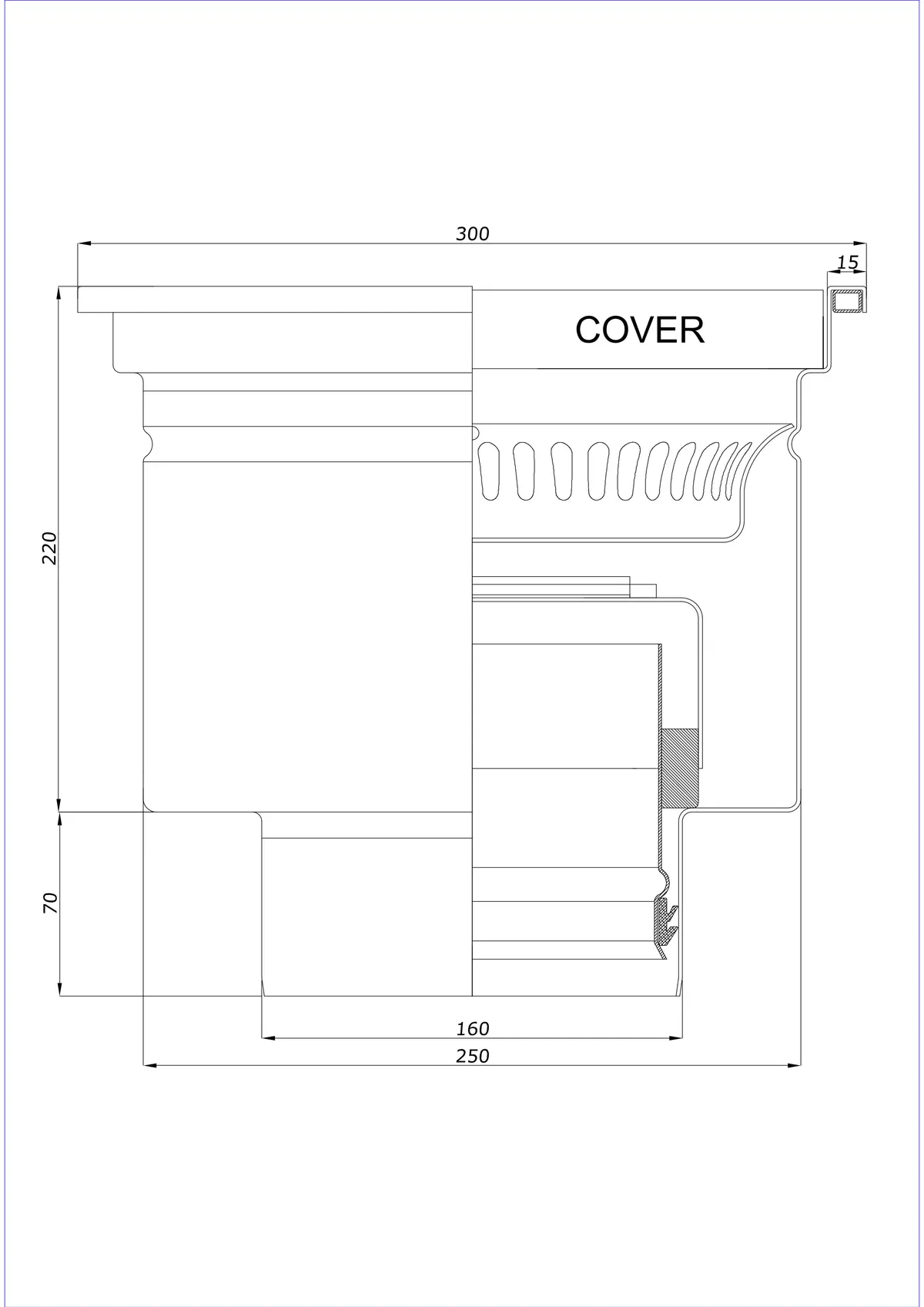 Wpust Podłogowy BK_KRD 300x300 DN 160 - Jednoczęściowy Pionowy 