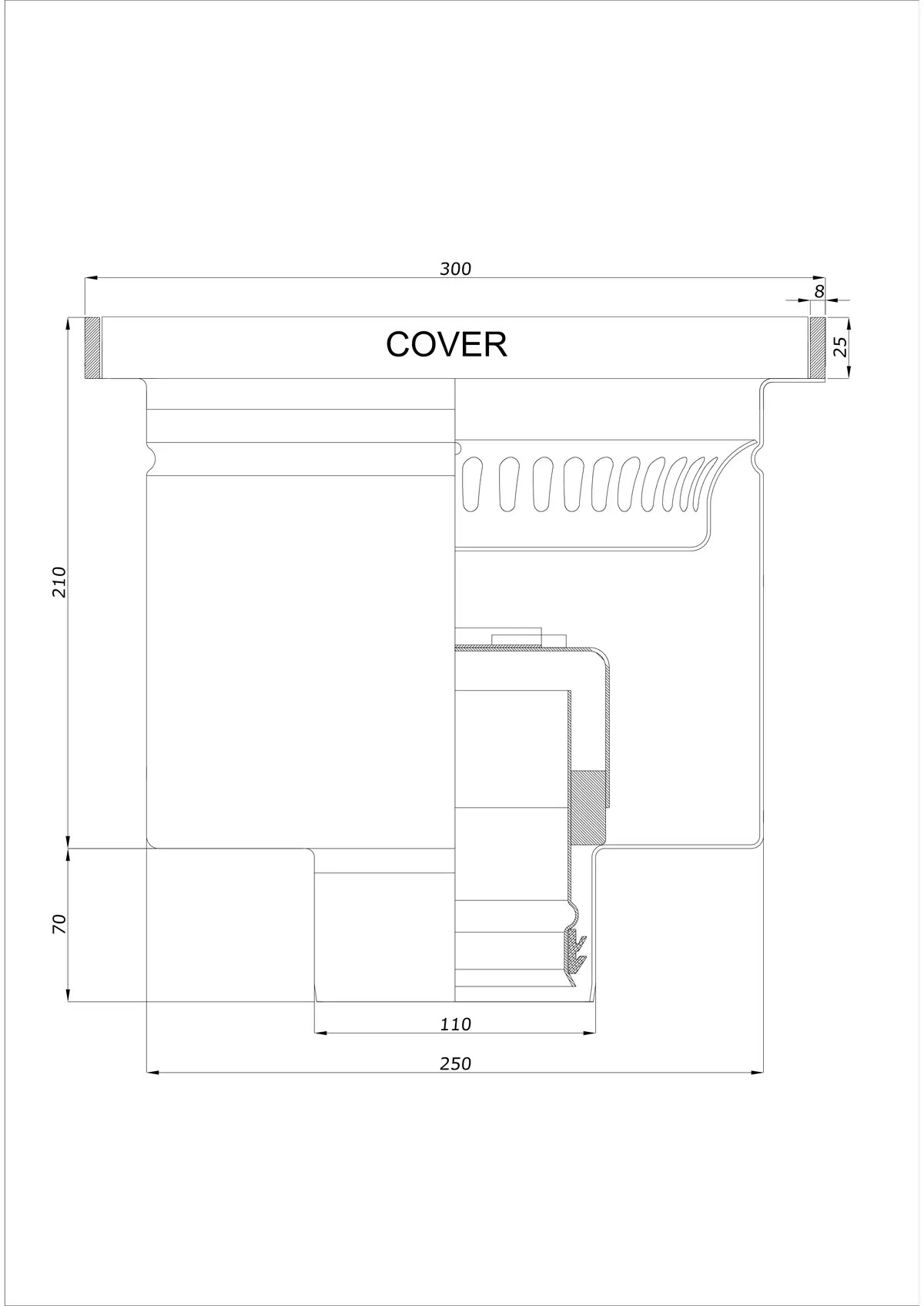 Golvbrunn BK_KROD 300 DN 110 med kant 25x8mm - Enkel vertikal avlopp