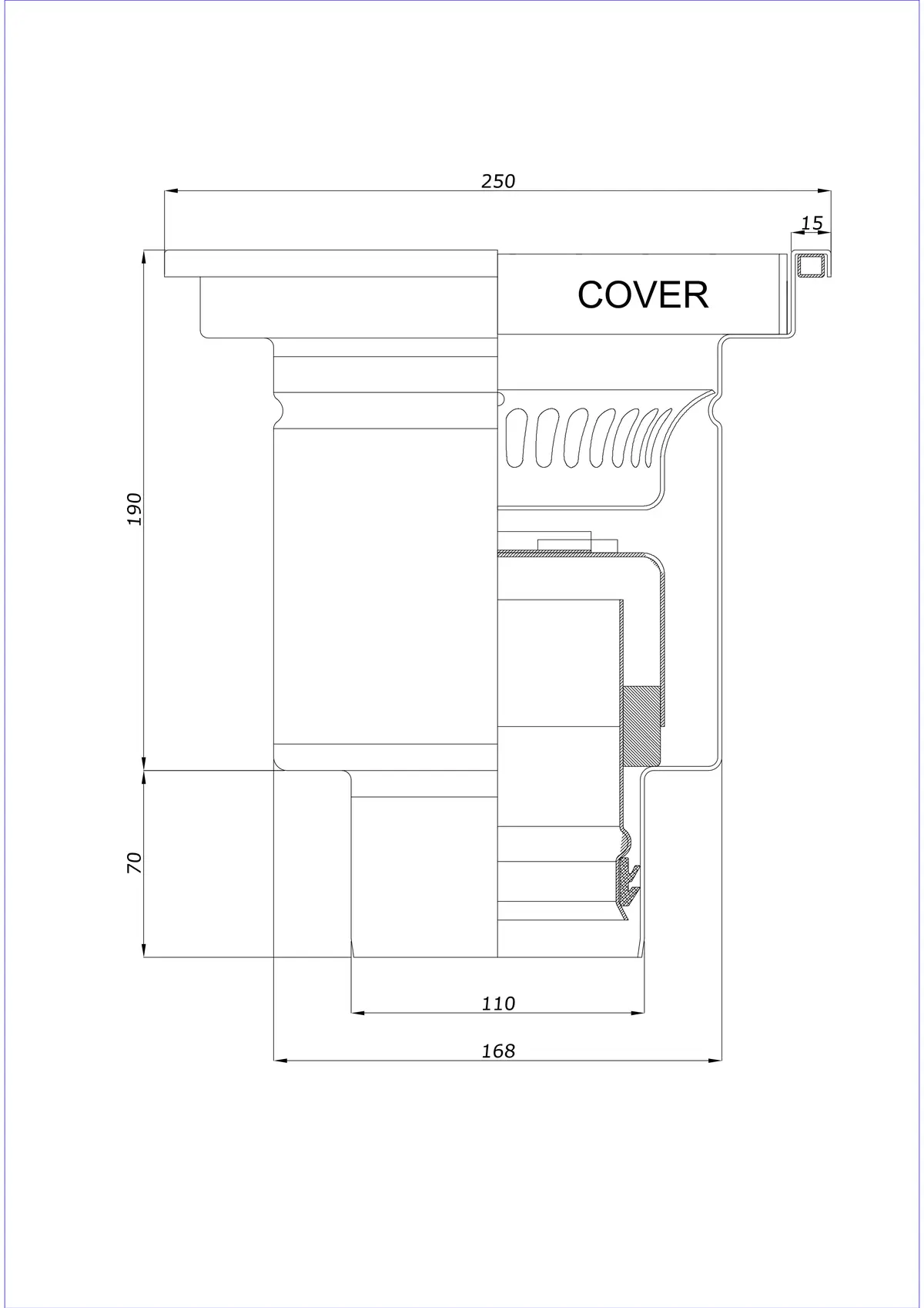 Golvbrunn BK_KRD 250x250 DN 110 - Enkel vertikal