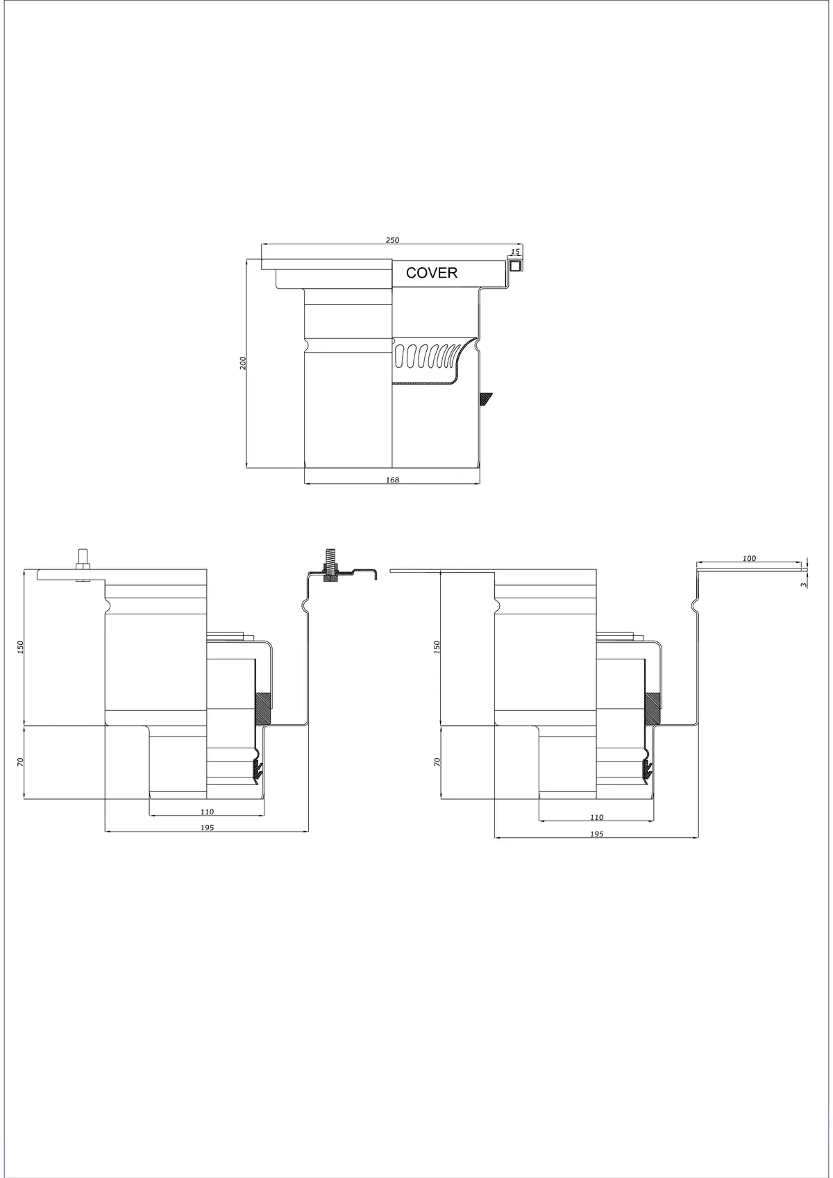 Golvbrunn BK_KRD 250x250 DN 110 - Tvådelad Vertikal
