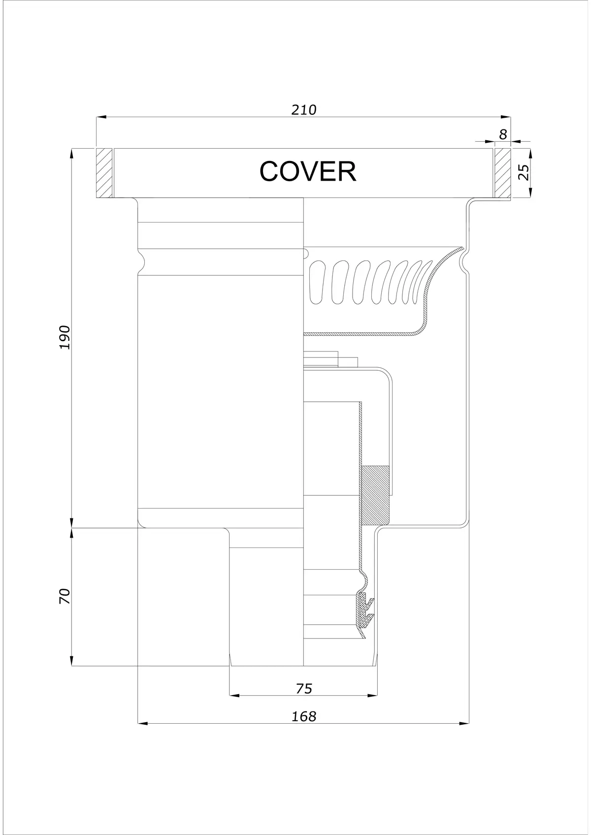 Golvbrunn BK_KROD 210 DN 75 med kant 25x8mm - Enkel vertikal avlopp