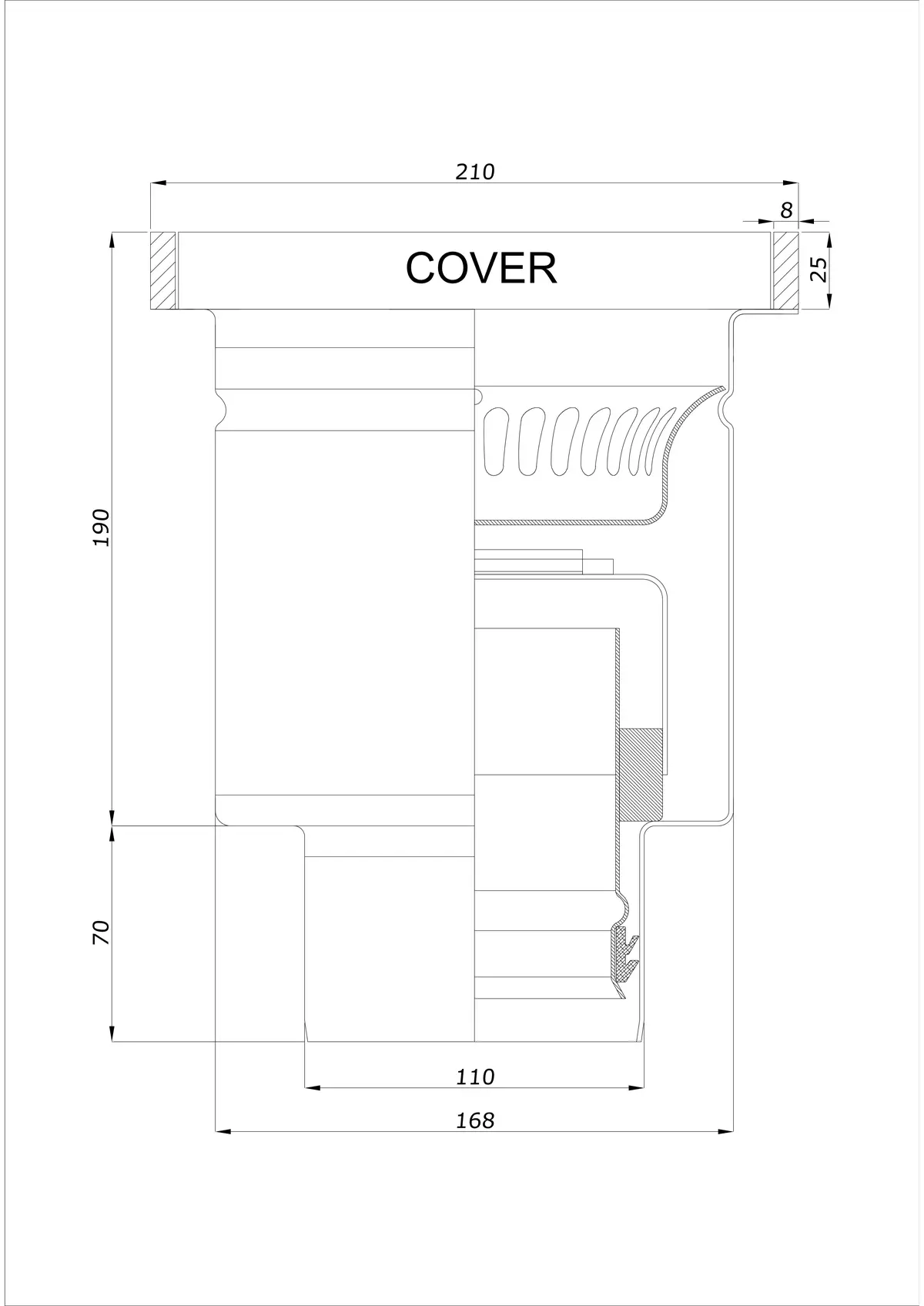 Golvbrunn BK_KROD 210 DN 110 med kant 25x8mm - En-delad vertikal