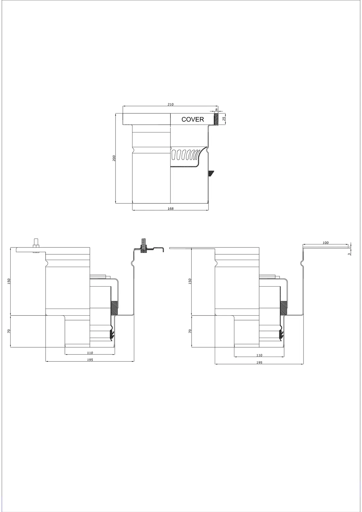 Golvbrunn BK_KROD 210 DN 110 med kant 25x8mm - Tvådelad vertikal avlopp