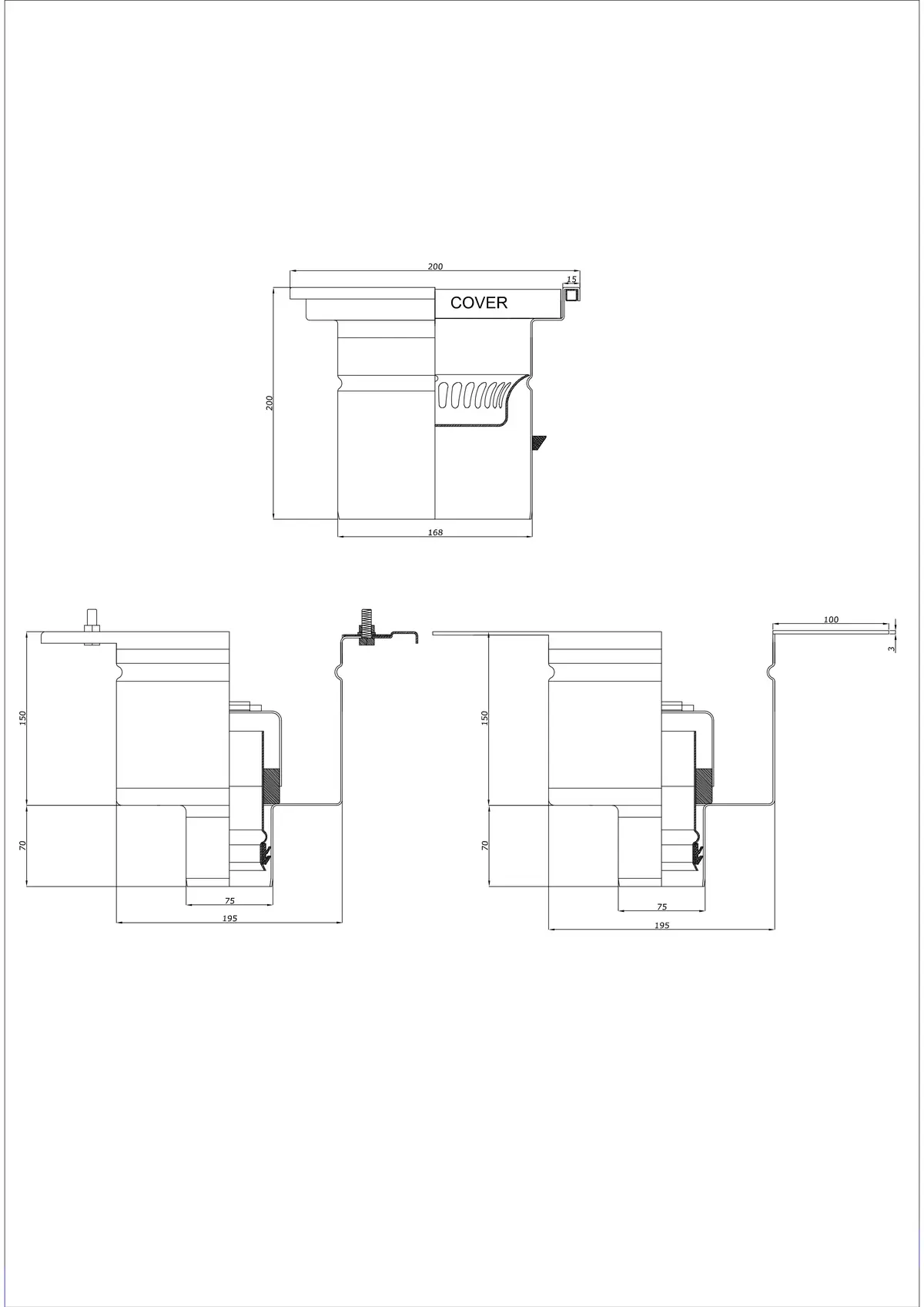 Golvbrunn BK_KRD 200x200 DN 75 - Tvådelad vertikal