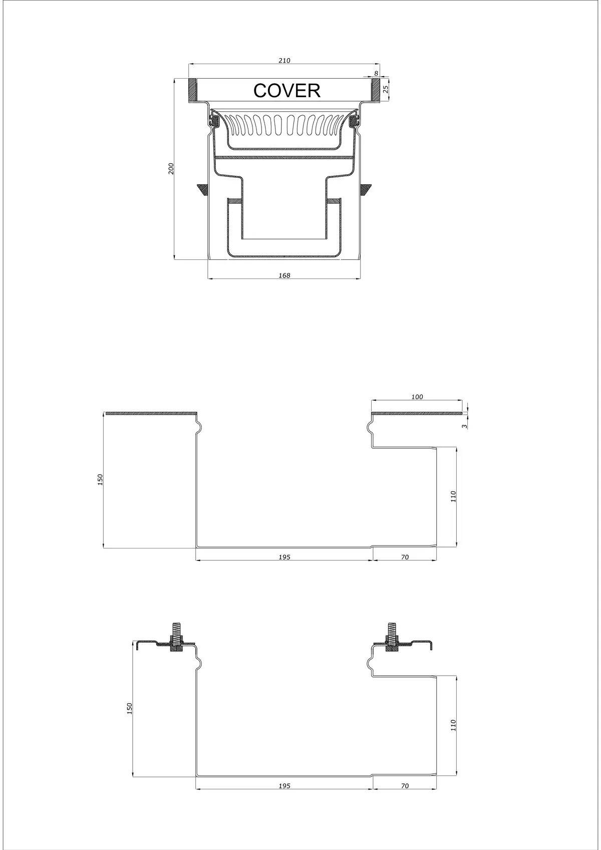 Golvbrunn BK_KROB 210 DN 110 med kant 25x8mm - Tvådelad horisontell