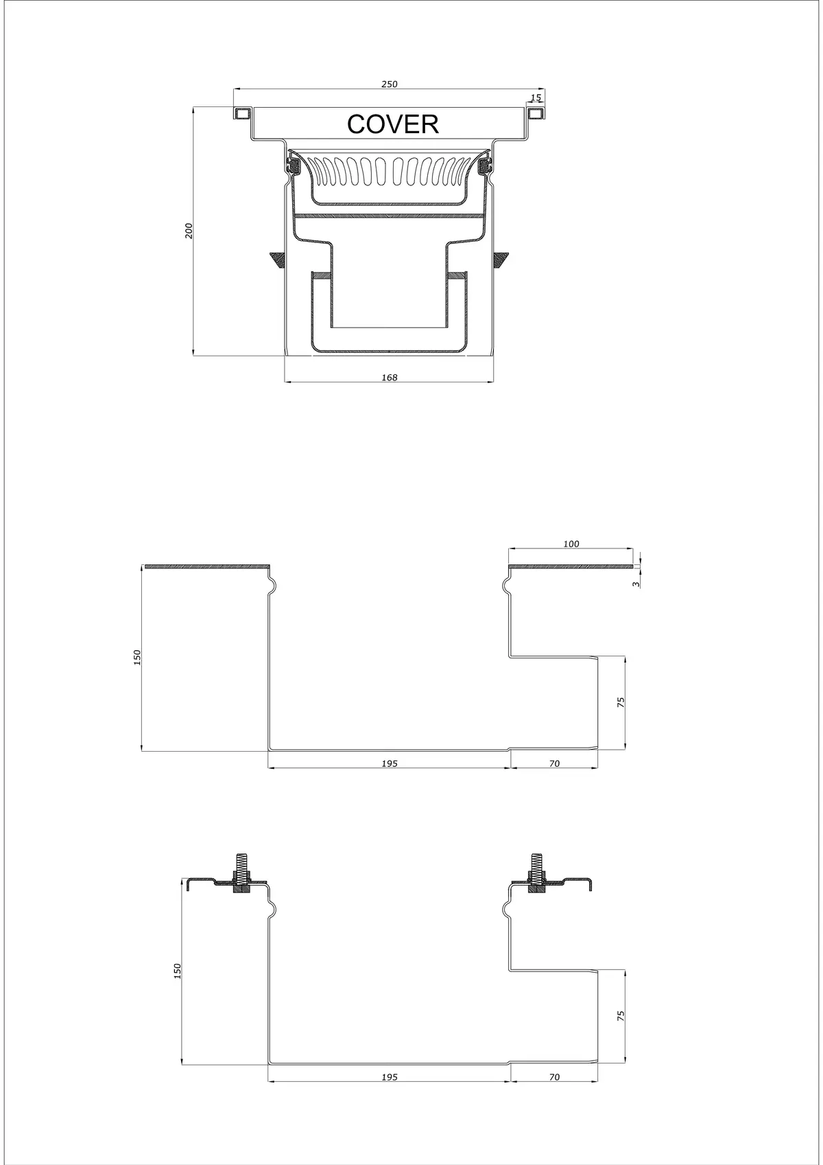 Golvbrunn BK_KRB 250x250 DN 75 - Tvådelad Horisontell