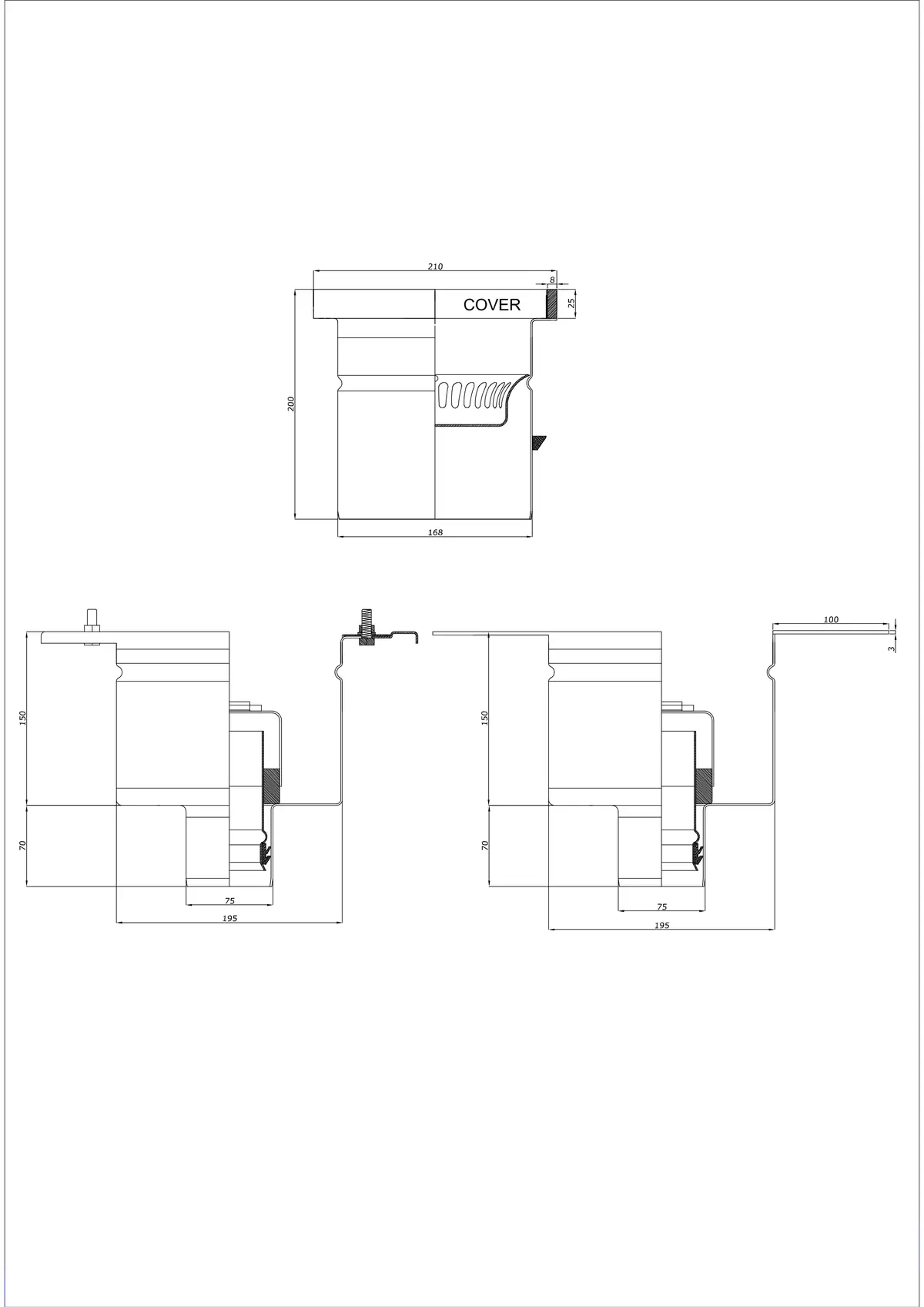 Golvbrunn BK_KROD 210 DN 75 med kant 25x8mm - Tvådelad vertikal
