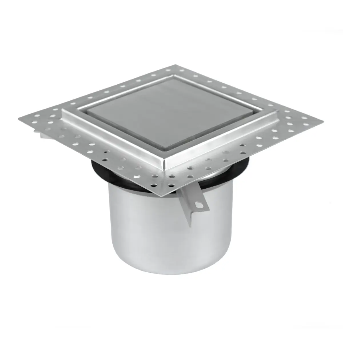 Övre delen av ett golvgaller 200x200 mm med plåtskydd och tätningsfläns